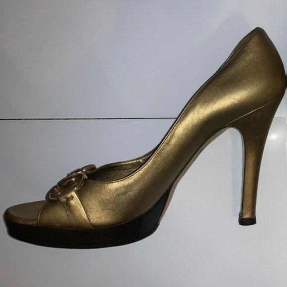 GUCCI GOLD PLATFORM HORSEBIT HEELS PUMPS OPEN-TOE 8.5 RARE! - Picture 2 of 8